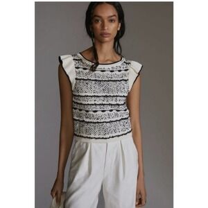 Anthropologie Ruffle Top Womens Medium Cottage Monochrome Preppy Elegant Classic